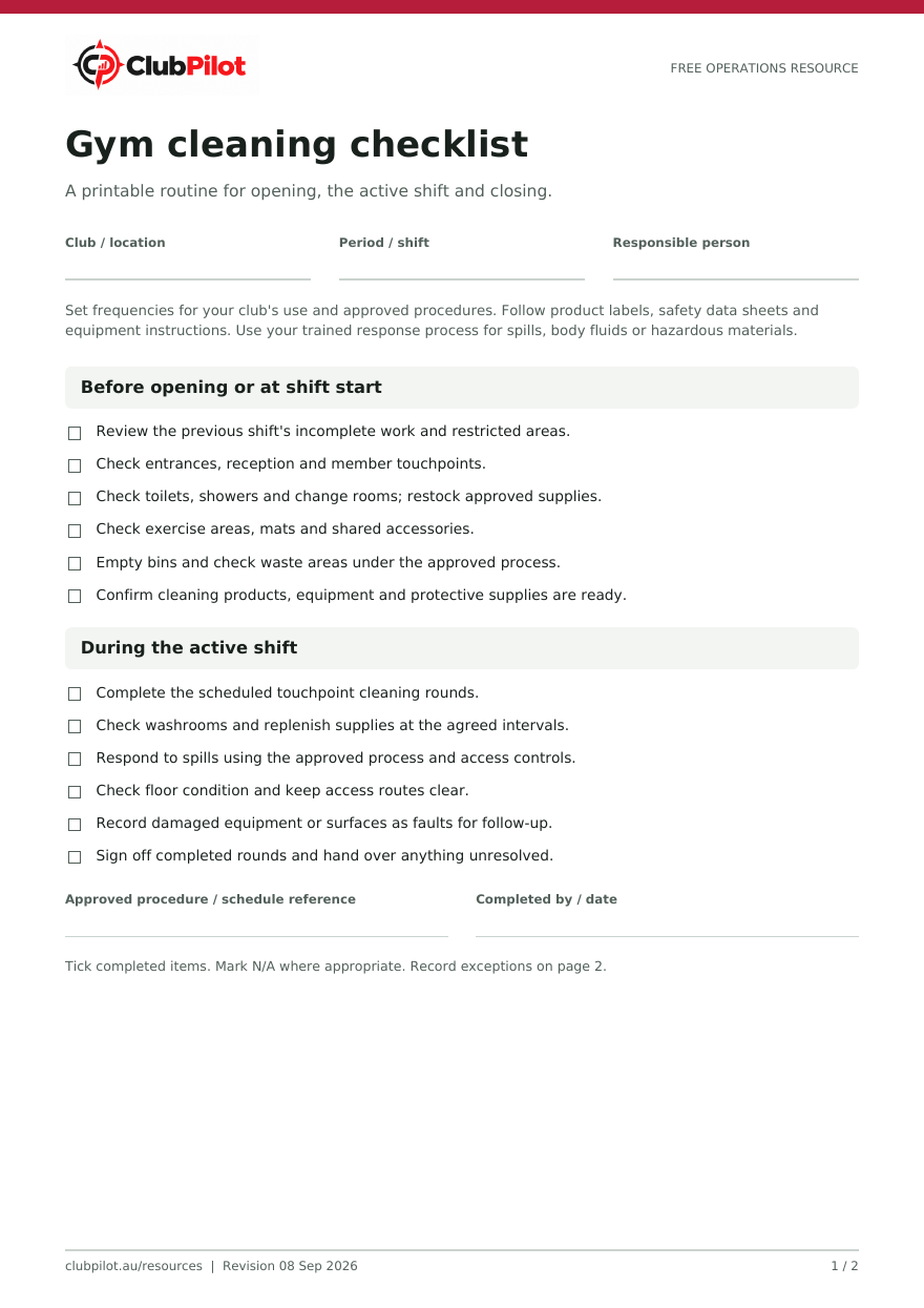 First page of the Gym cleaning checklist, showing the printable layout and fields