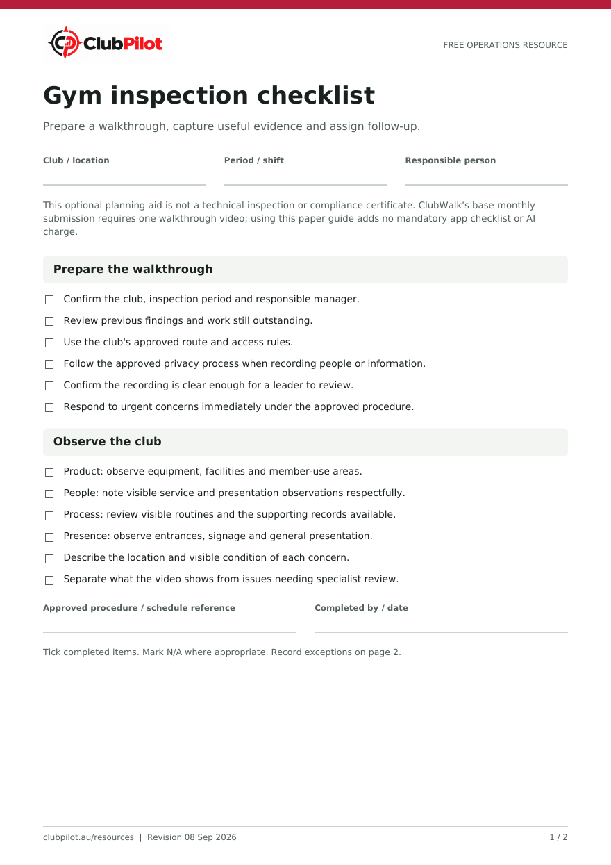 First page of the Gym inspection checklist, showing the printable layout and fields